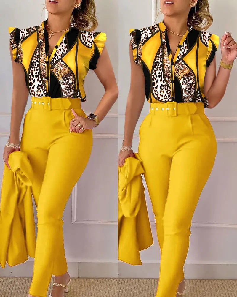 Printed Ruffle Sleeve Top Solid Color Pants Suit With Belt - cas7m
