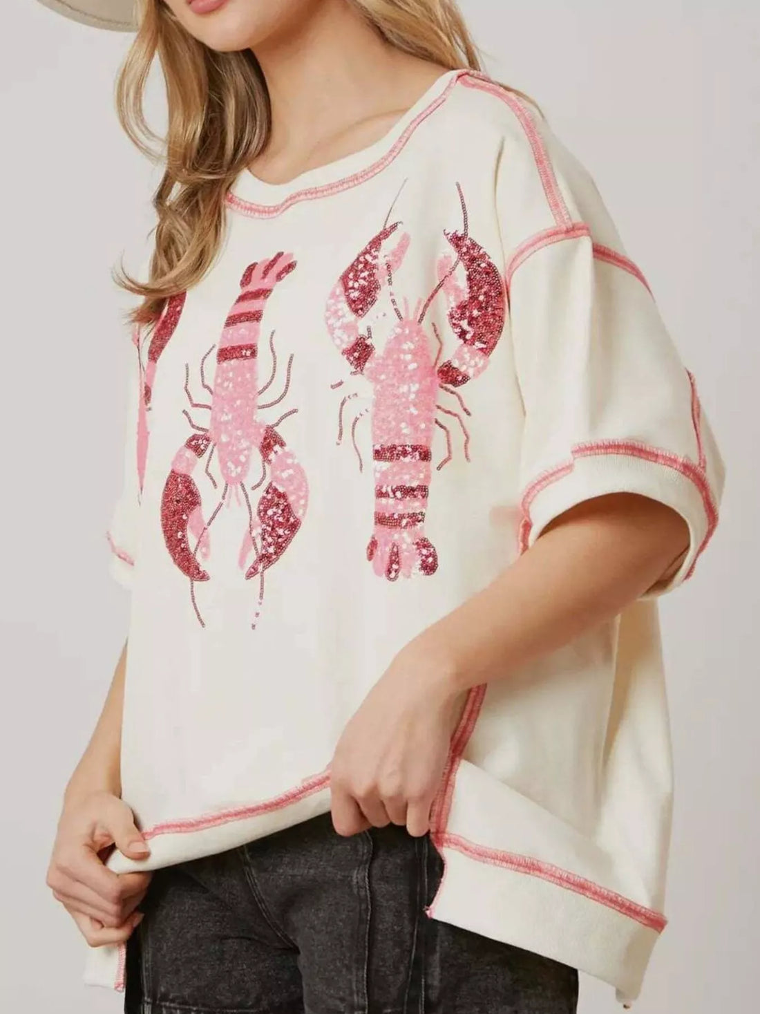 Sequin Lobster Half Sleeve T-Shirt - cas7m