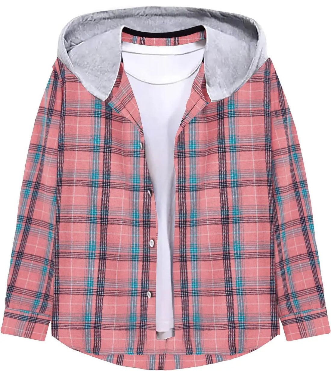 A pink and blue plaid hooded button-up shirt with a gray plush fleece-lined hood, layered over a white t-shirt on a plain white background.