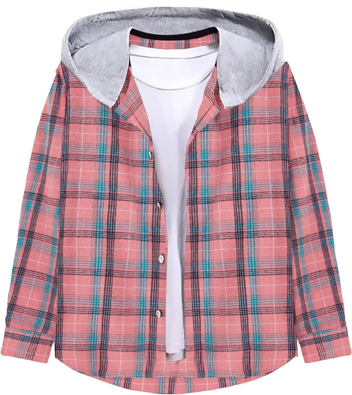 A pink and blue plaid hooded button-up shirt with a gray plush fleece-lined hood, layered over a white t-shirt on a plain white background.