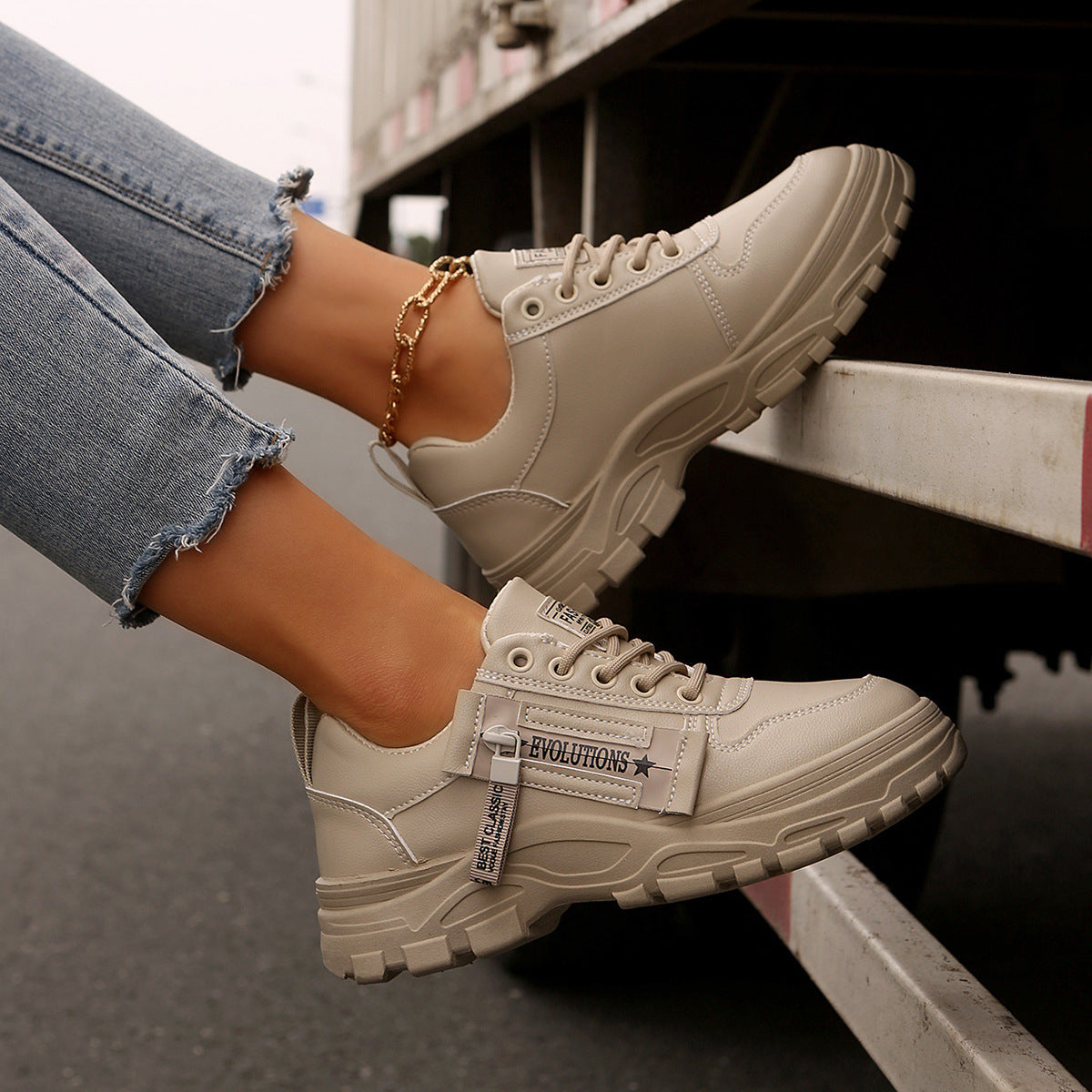Lace-up Sports Shoes With Side-Zipper Design Fashion Thick-soled Round-toe Casual Shoes For Women Sneakers - cas7m