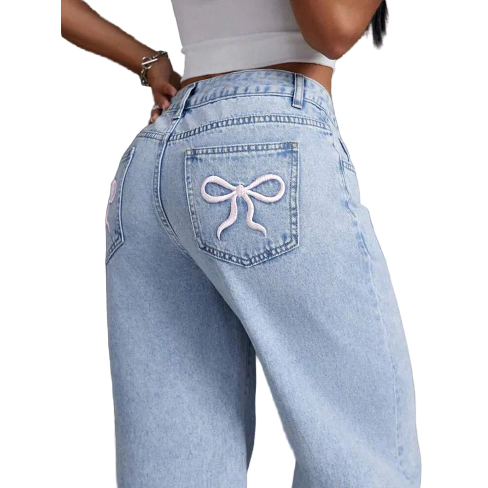 Vintage Denim Pants High-Fall Straight Loose Wide Leg Long Trousers Trendy