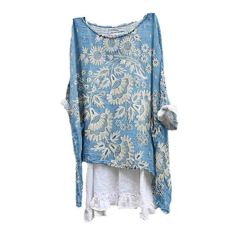 Casual Long Sleeve Loose 3D Digital Printing Women Round Neck Pullover T-shirt - cas7m