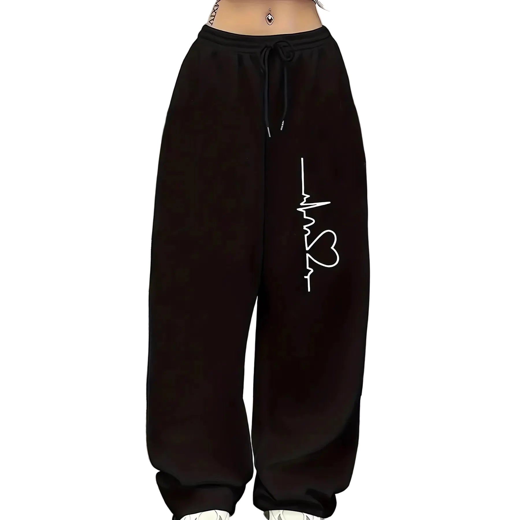 Black wide-leg sweatpants with a white heartbeat and heart outline graphic on the left leg, shown on a model from the waist down.