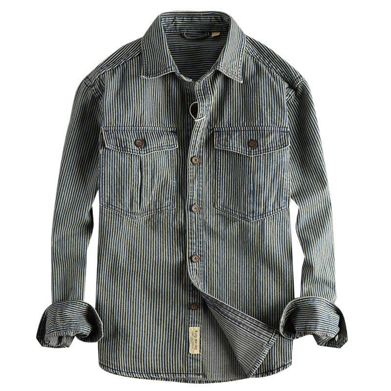 Men's Striped Cotton Cardigan - Antique Blue & White, Sizes M-3XL - cas7m