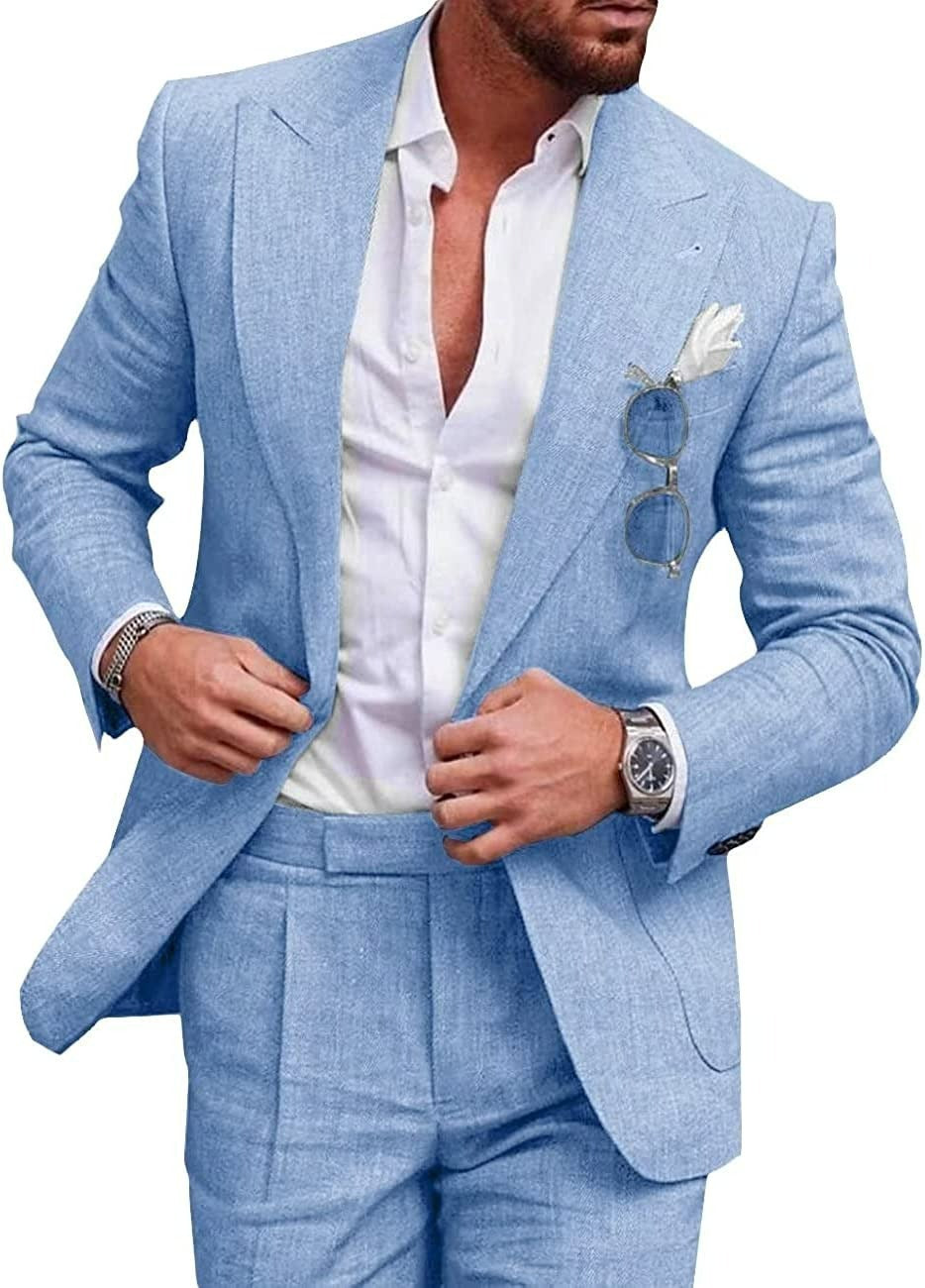 Men's Large Single Row One Button Solid Color Suit Two-piece Set - cas7m