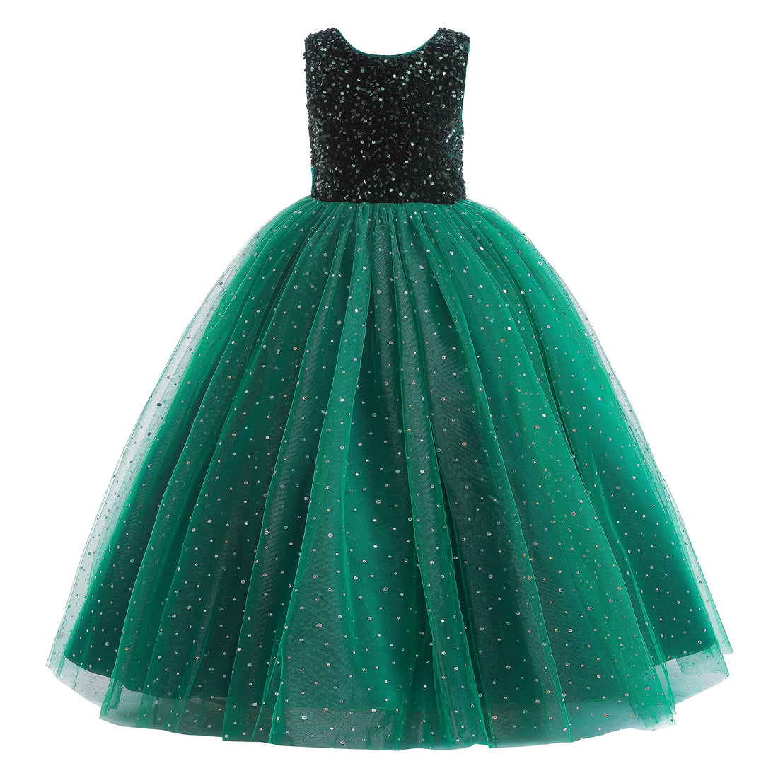 A girls' formal party dress with a black sequined bodice and a voluminous green tulle skirt decorated with small silver glitter dots, shown against a plain white background.