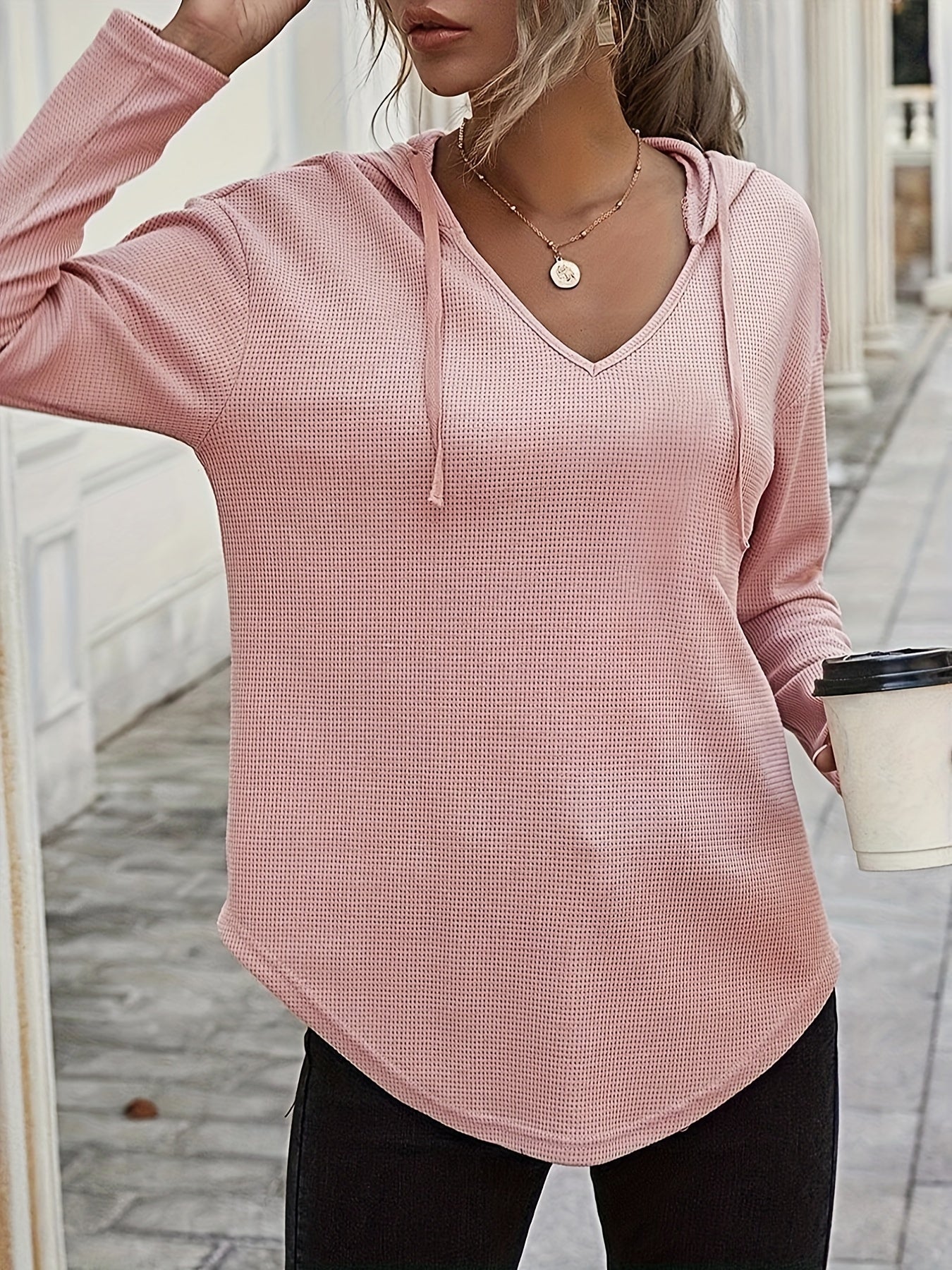 Elegant Beige Hanky Hem V-Neck Hoodie For Women - cas7m