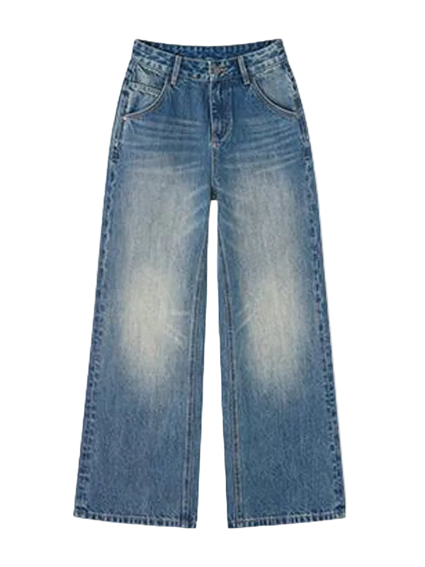 Light blue wide-leg denim jeans with a faded wash effect on the front, shown flat against a white background.