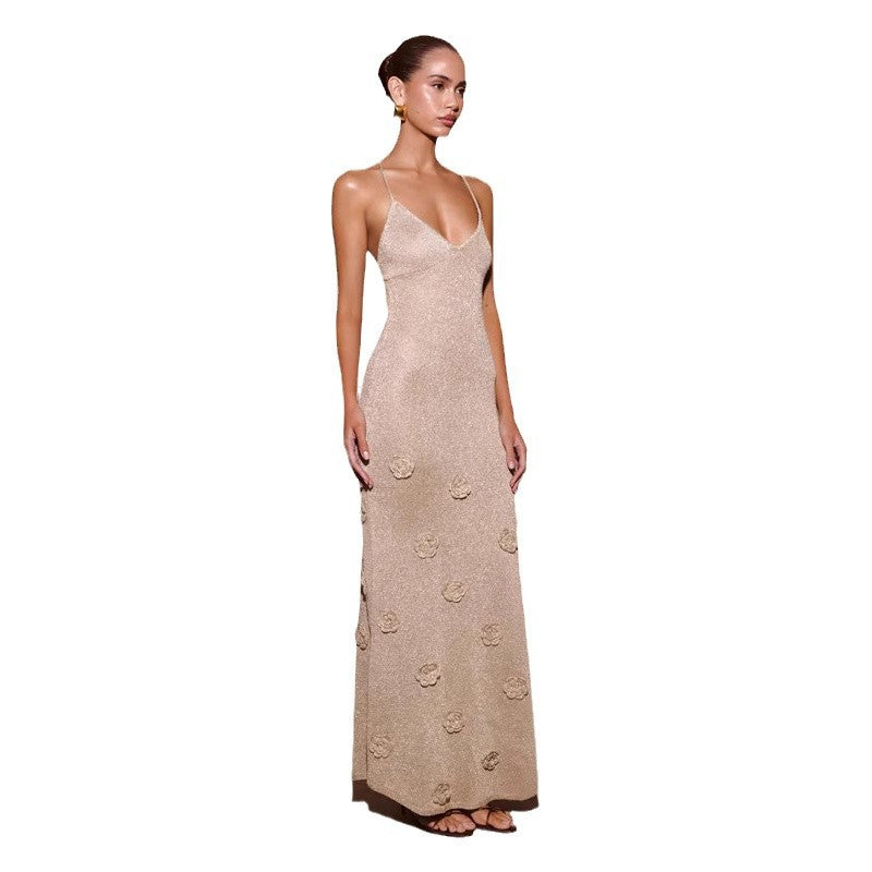 Knitted Flowers Suspenders Dress Crochet Glitter Dresses - cas7m