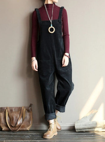 Women's Corduroy Solid Color Casual Bib Pants - cas7m