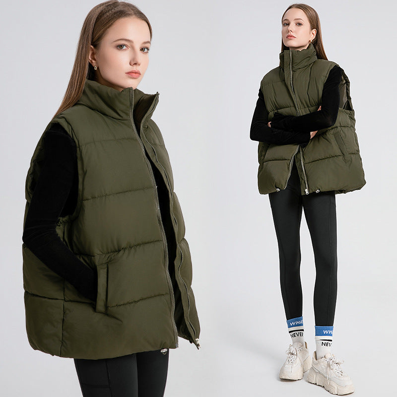 Women's Sleeveless Mid-length Stand-up Collar Thermal Down Cotton Thickened Vest - cas7m