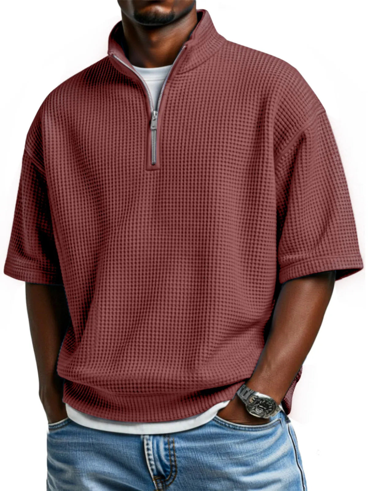Waffle-knit Short-sleeve Polo Shirt For Men Loose-fitting Half-zip T-shirt - cas7m