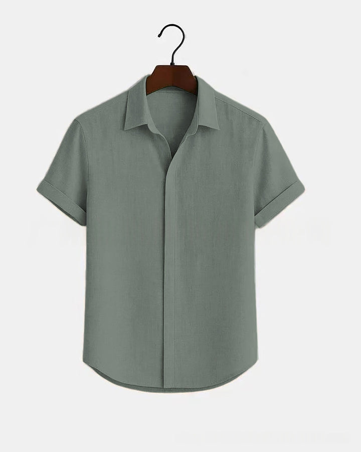 Solid-color Short-sleeve Cotton-linen Shirt For Men - cas7m