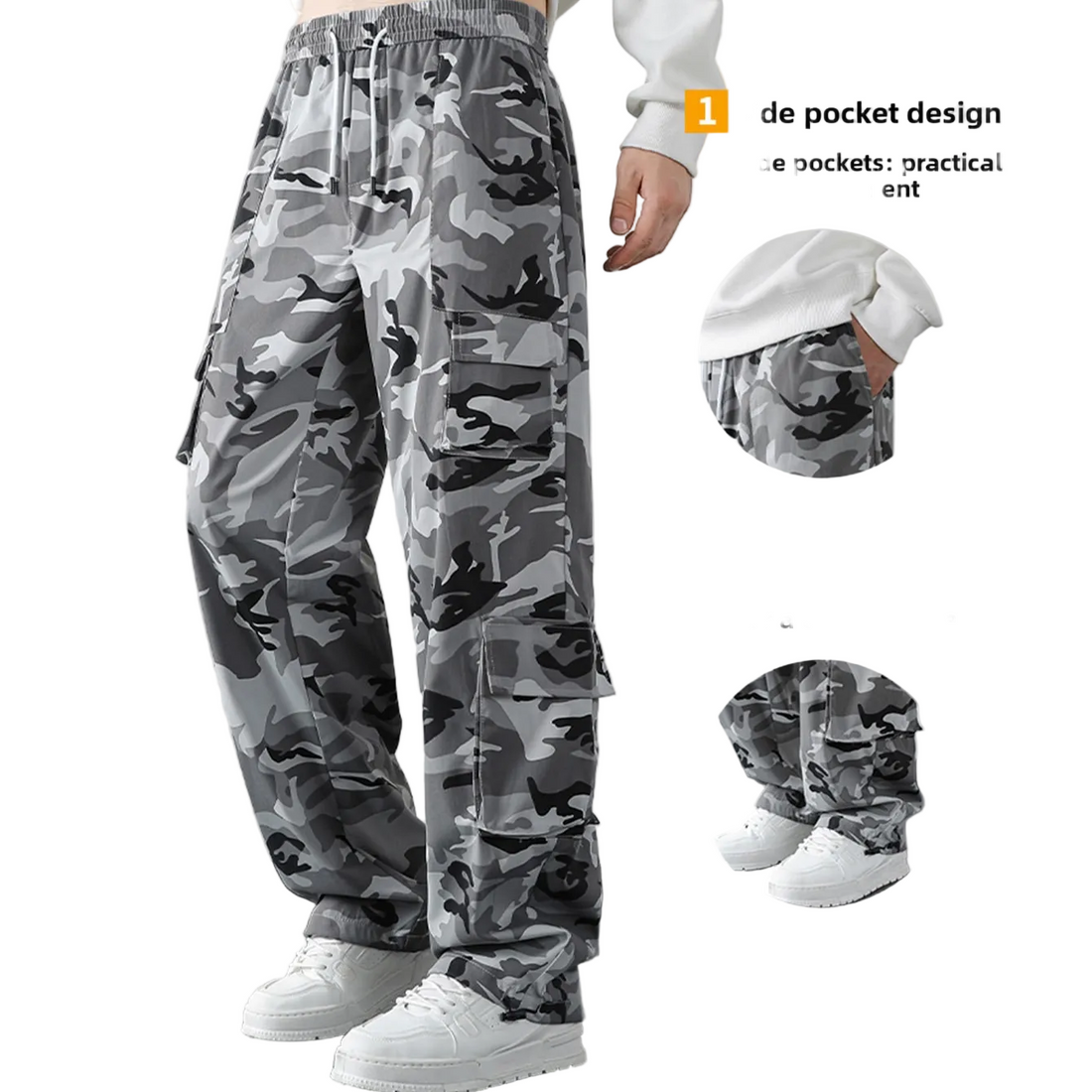 Gray and black camouflage cargo pants with side pockets, shown on a model from the waist down wearing white sneakers. The image includes two circular insets showing close-ups of the pants and text describing side pockets and comfortable trouser leg design.
