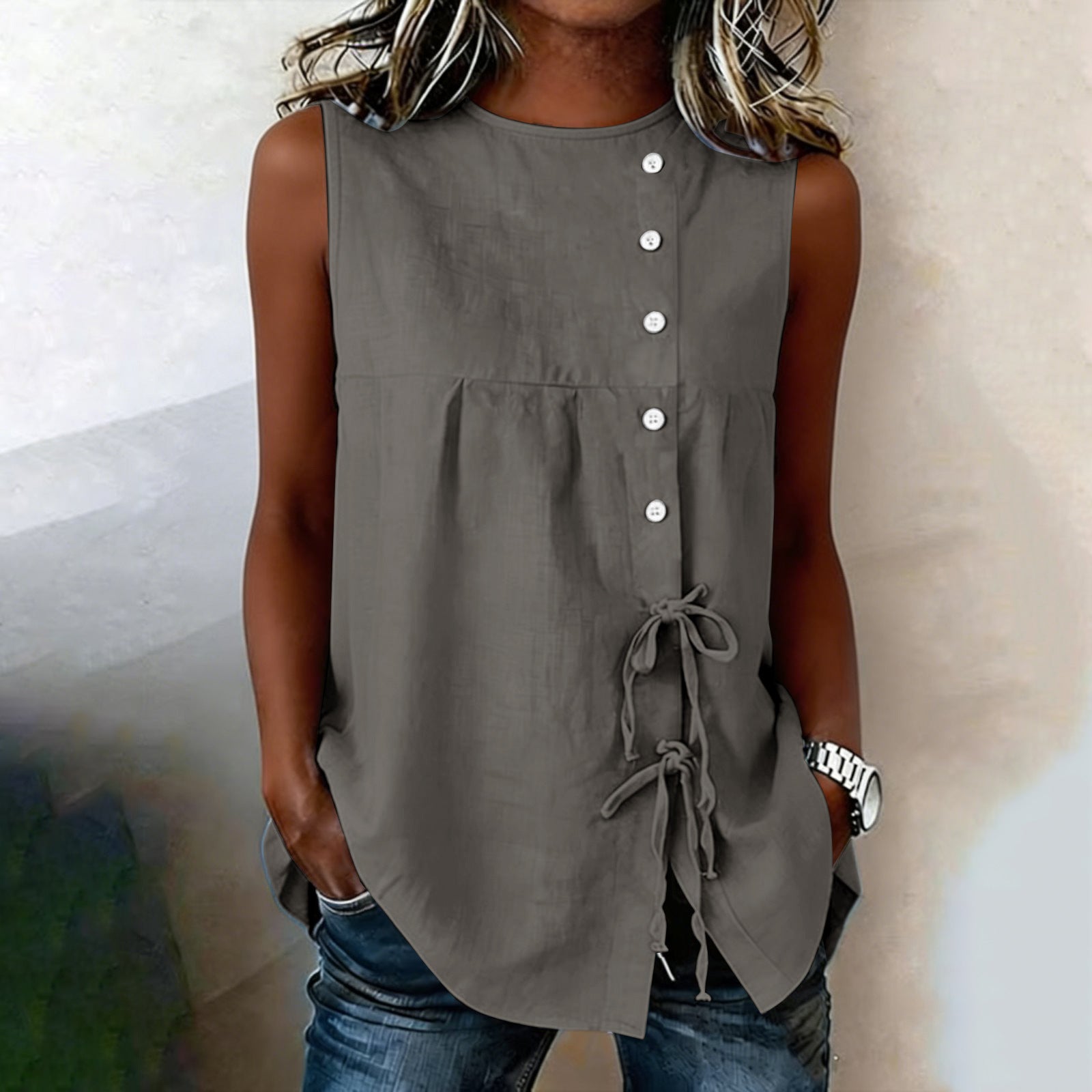 Loose-fit Sleeveless Shirt Blouse For Women - cas7m