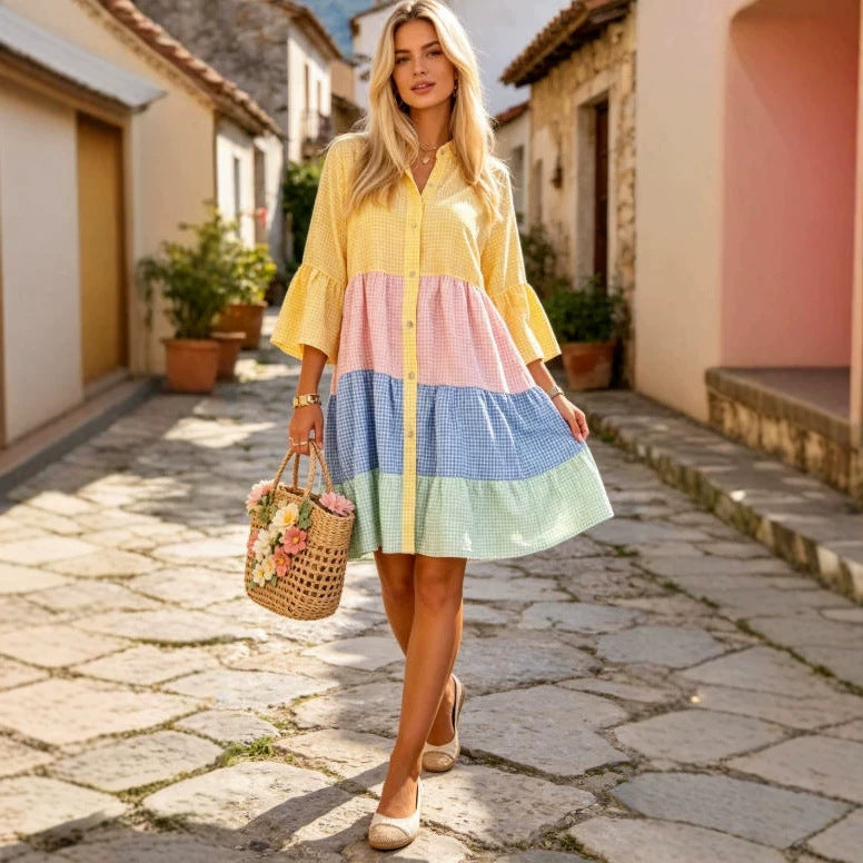 Color-block Plaid Patchwork Shirt Dress Loose-fitting With Flared Sleeves And A Tiered Cake Skirt - cas7m