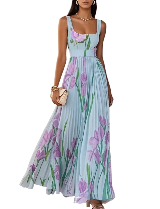 Floral Print Pleated Dress Summer A-Line Sleeveless Midi Dresses Women's Clothing - cas7m