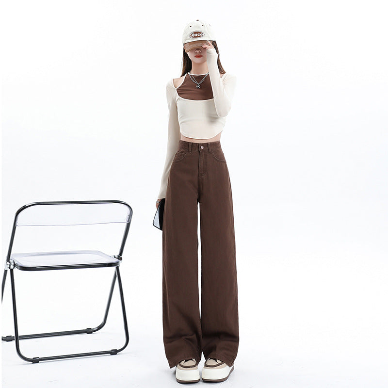 Retro Brown High Waist Straight Pants Women's Wide Leg Mop Pants - cas7m