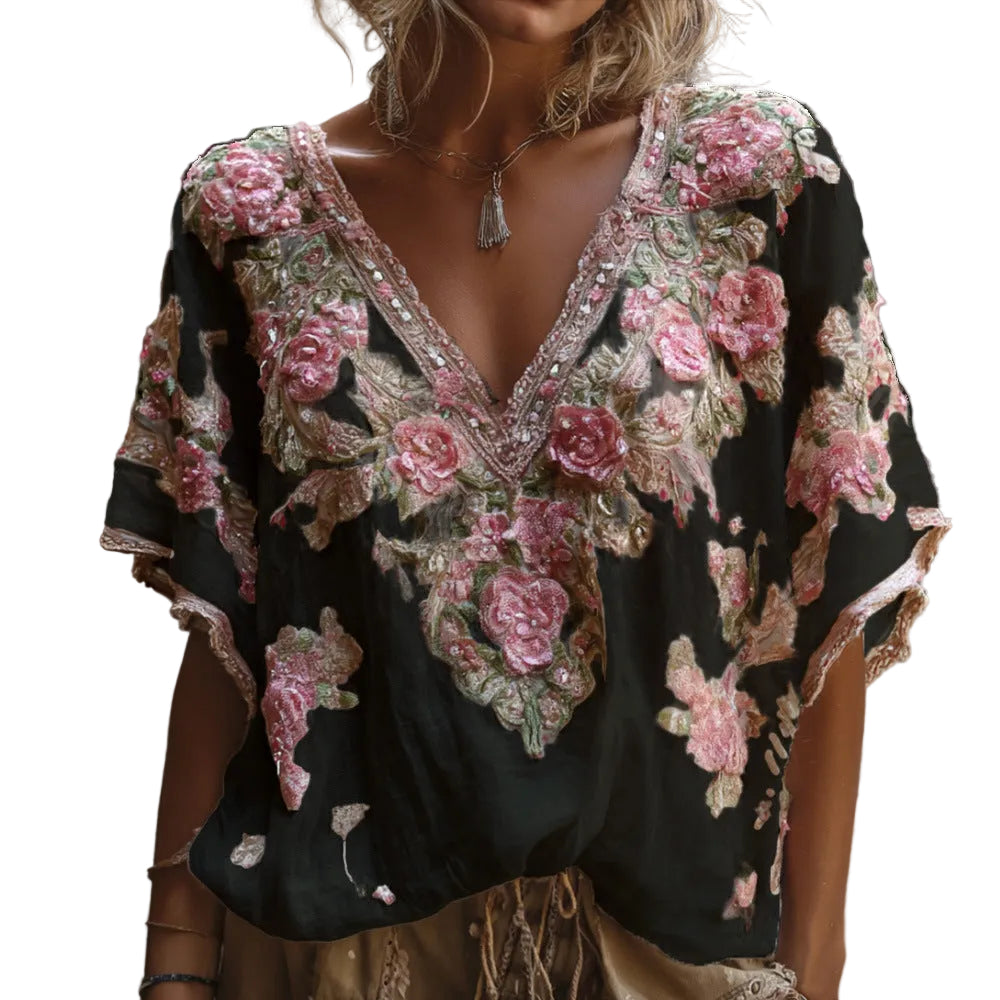 V-neck Elegant Artistic And Retro-style Short-sleeve Top For Women - cas7m