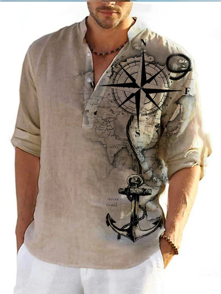 Thin Casual Digital Bamboo Linen Hawaiian Long Sleeve Shirt - cas7m