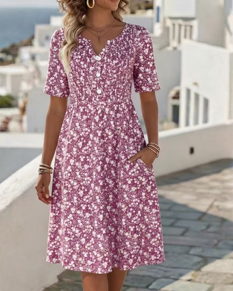 Womens Floral Print V-Neck Midi Dress With Short Sleeves - cas7m