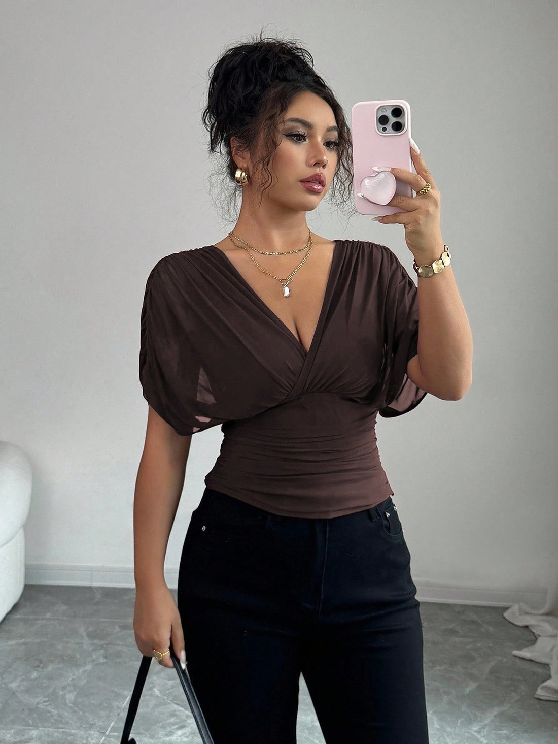Solid-color Deep V-neck Short-sleeve Waist-cinching Top For Women - cas7m