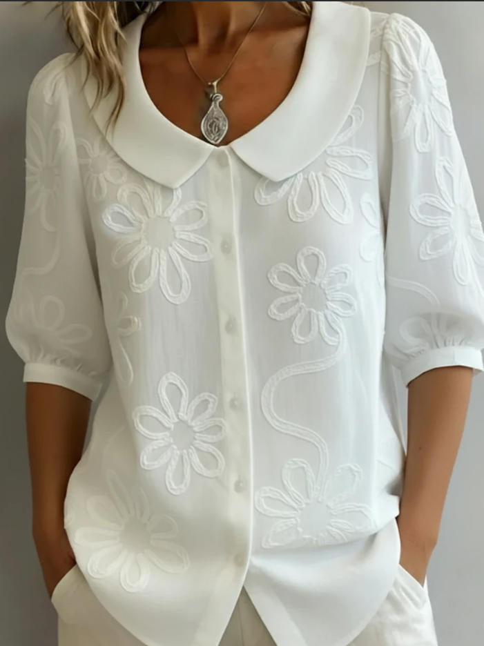 Loose-fit Retro Buttoned 3D Embroidered Floral Shirt - cas7m