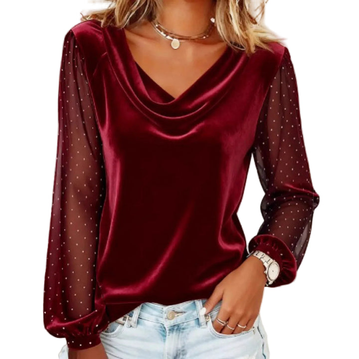 Women's Long Sleeve V-neck Velvet T-Shirt Women Elegant Diamond Mesh Sleeve Loose Tee Tops Christmas Clothes Women Shirt Red - cas7m