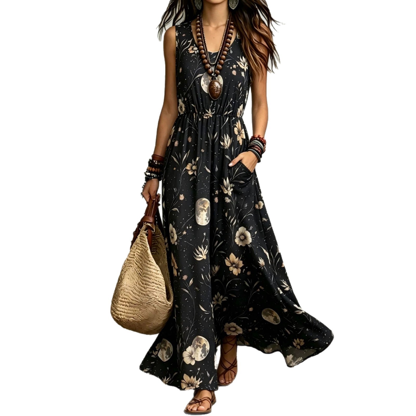 Elegant Sleeveless Printed Long Dress With Pockets - cas7m