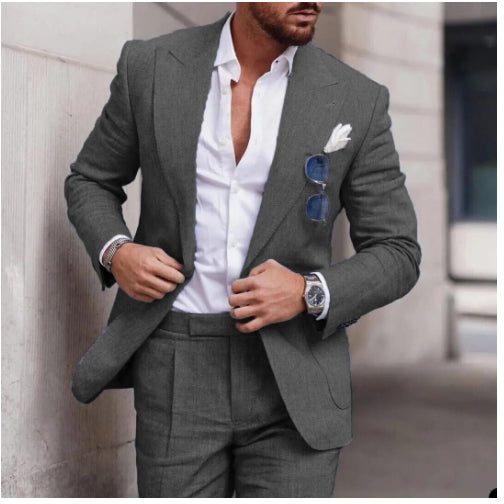 Men's Large Single Row One Button Solid Color Suit Two-piece Set - cas7m