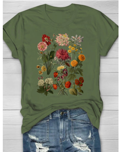 Flower Plant Print Casual Loose Round Neck Short Sleeve - cas7m