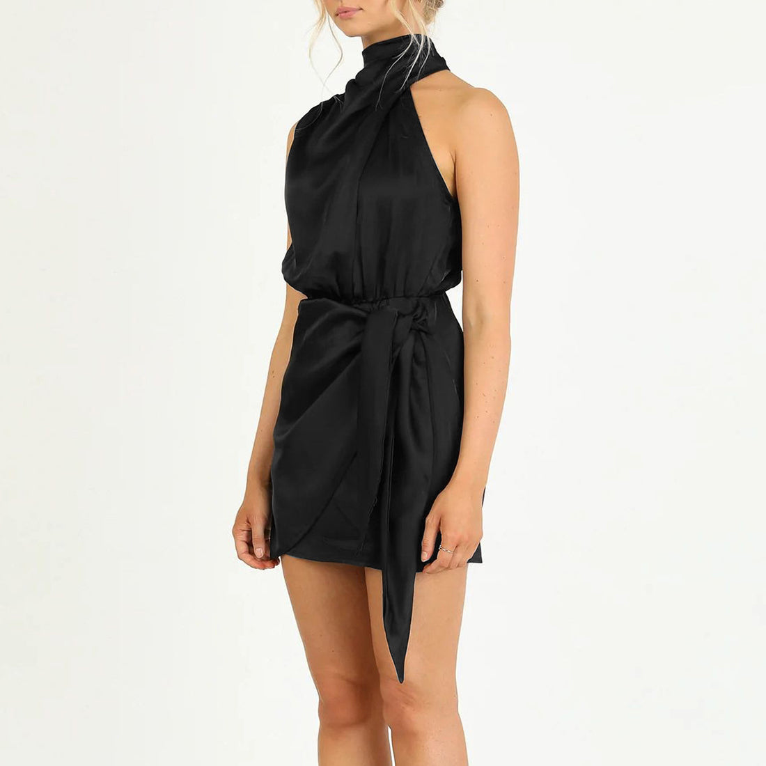 Elegant Halter Neck Dress Fashion Sleeveless Waist-tied Short Dresses For Evening Party Clothing Women - cas7m