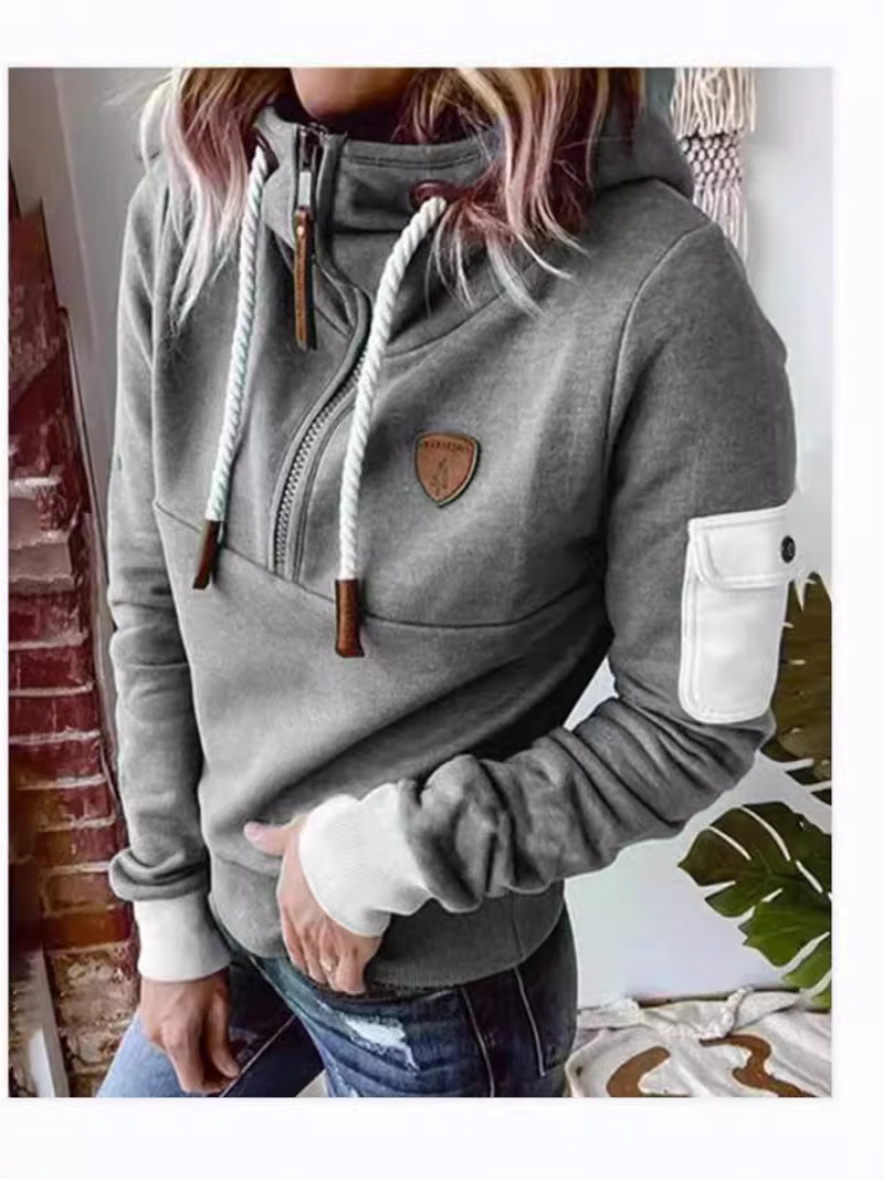 Half Zipper Patchwork Sweater Women - cas7m
