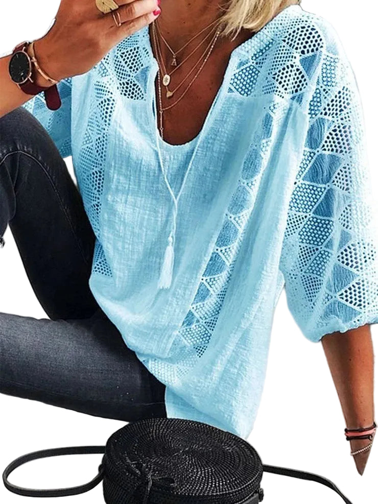 Lace Stitching U-neck 3 4 Sleeve T-shirt - cas7m