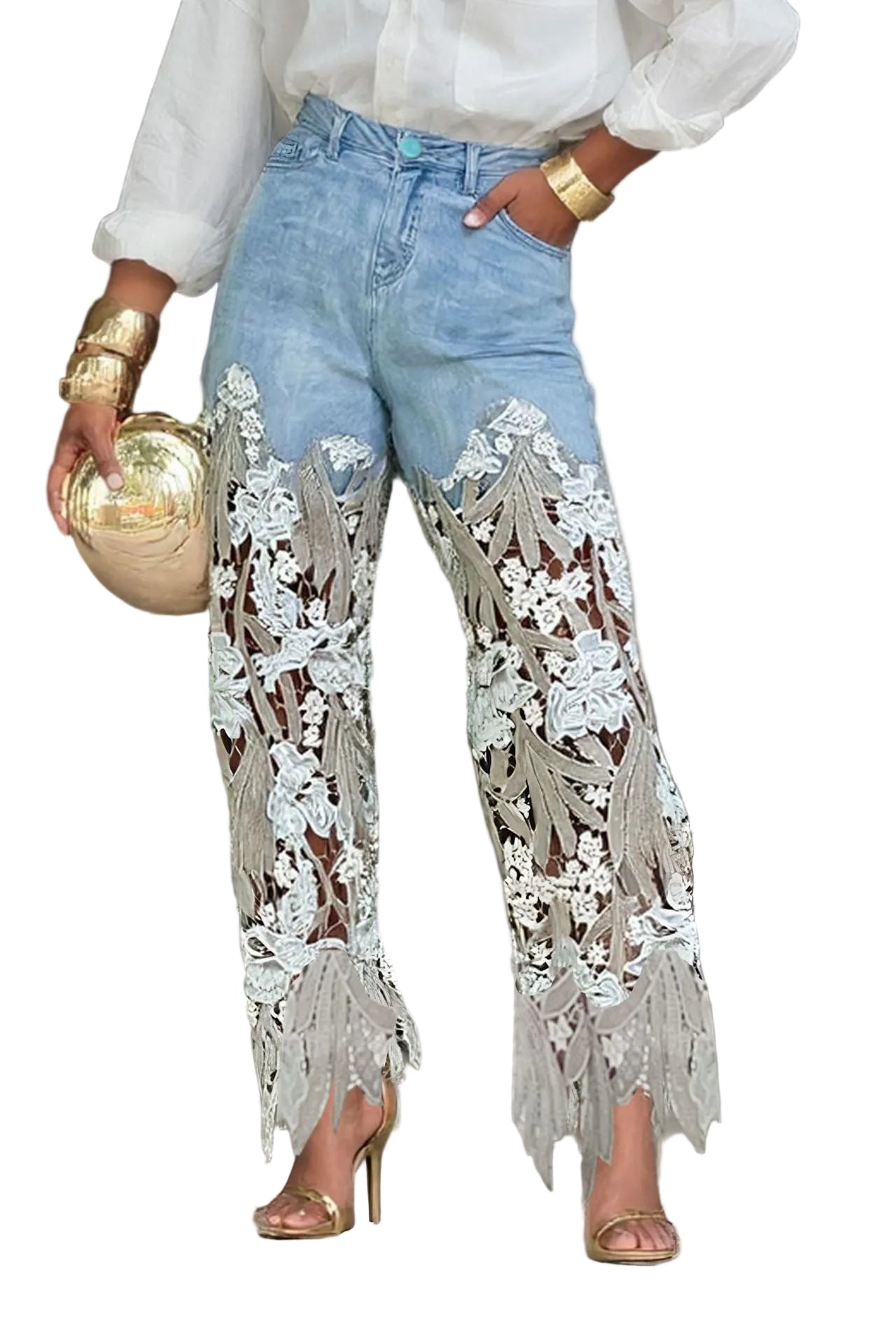 Hollow Out Patchwork Irregular Lace Straight Leg Jeans