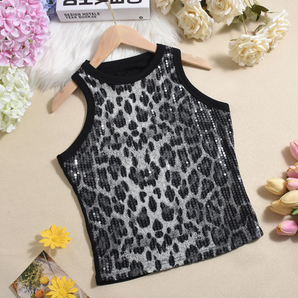 Sexy Cropped Sleeveless Sequin Leopard Print Vest - cas7m