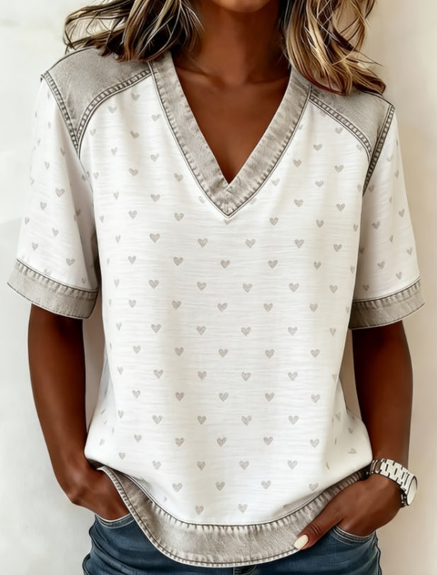 Color-blocked V-neck Raglan Sleeve T-shirt For Women, Loose Fit, Casual And Versatile Short Sleeve. - cas7m