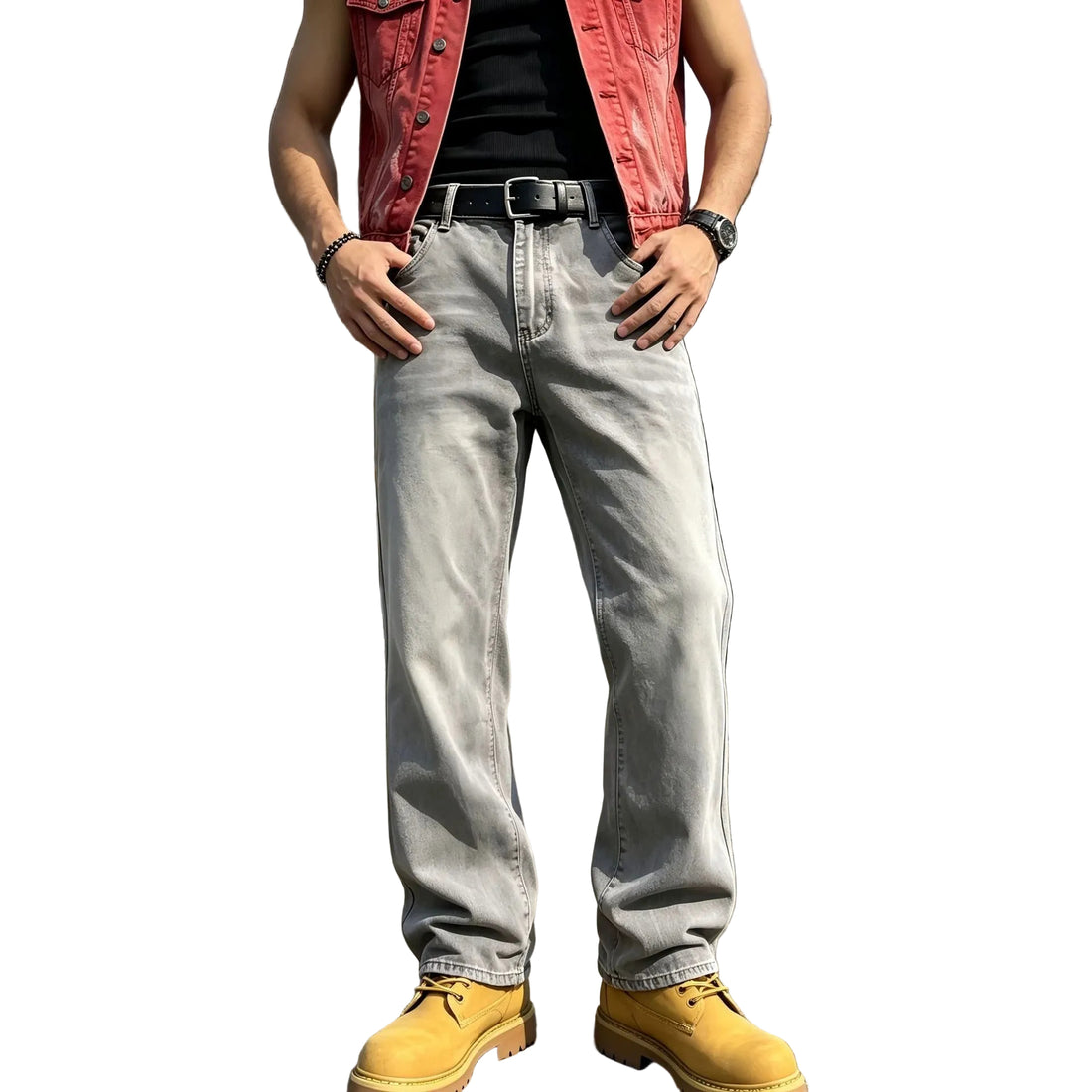 Casual Gray Men's Jeans for Daily Wear, Comfortable Commuting, Fashion Distressed Washed Denim Pants