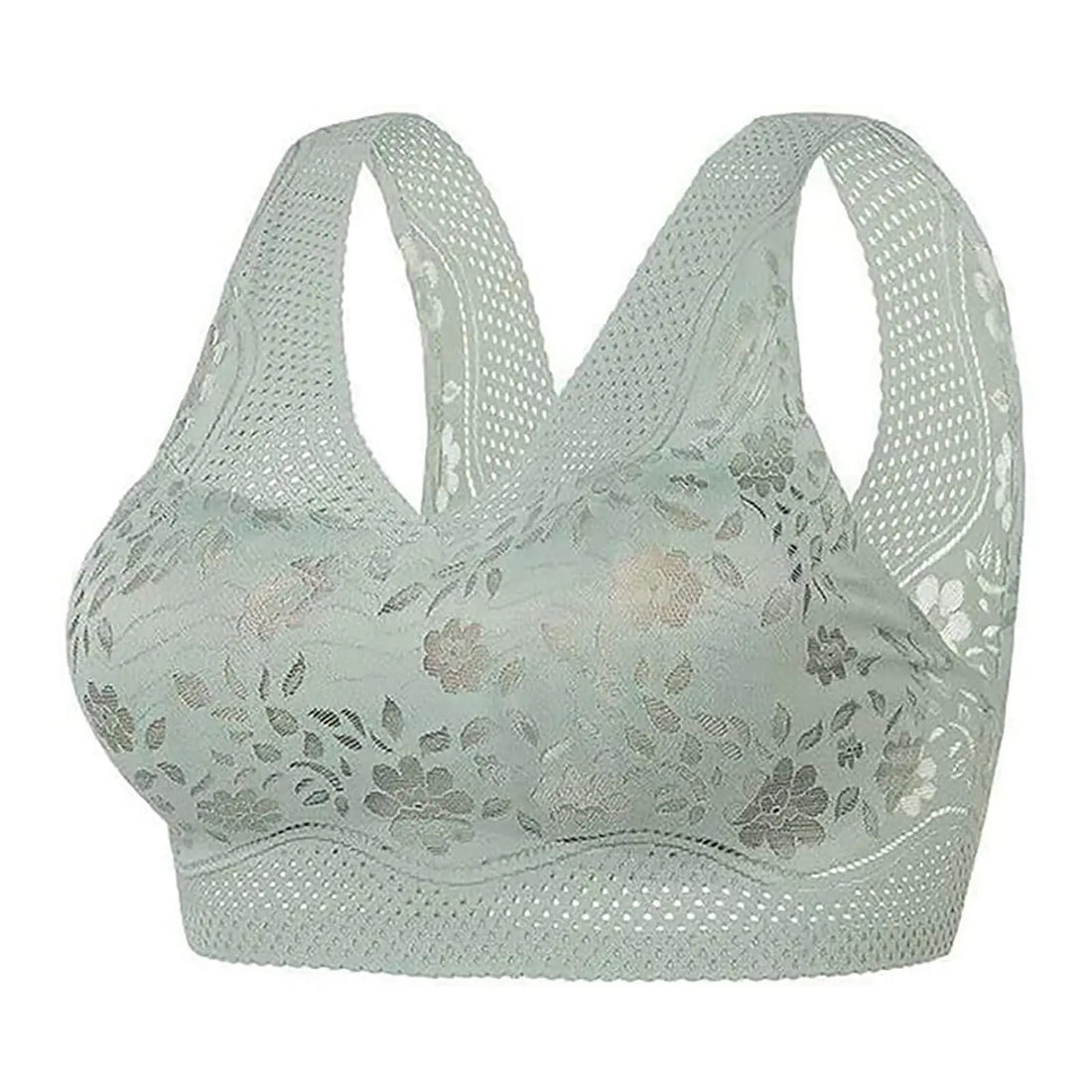 A sage green wireless bra featuring floral lace cups and a breathable mesh back straps, shown against a plain white background.