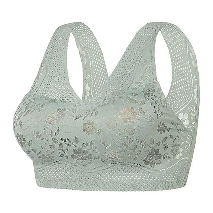 A sage green wireless bra featuring floral lace cups and a breathable mesh back straps, shown against a plain white background.