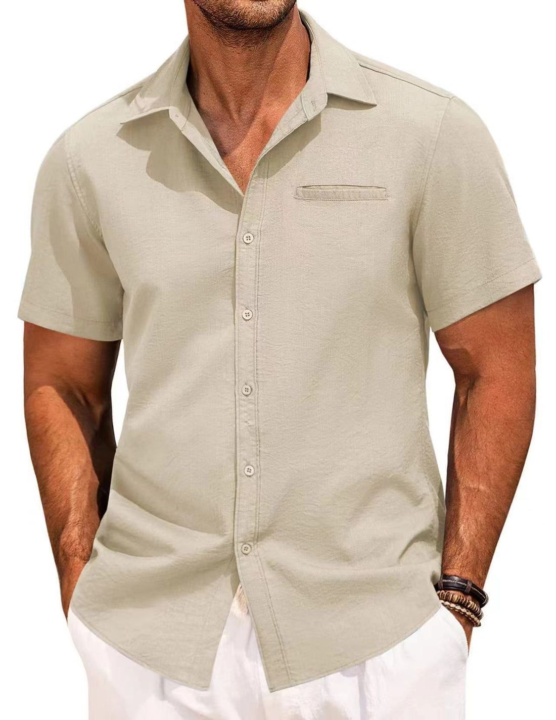 Polo Collar Solid Color Short Sleeve Button Shirt - cas7m
