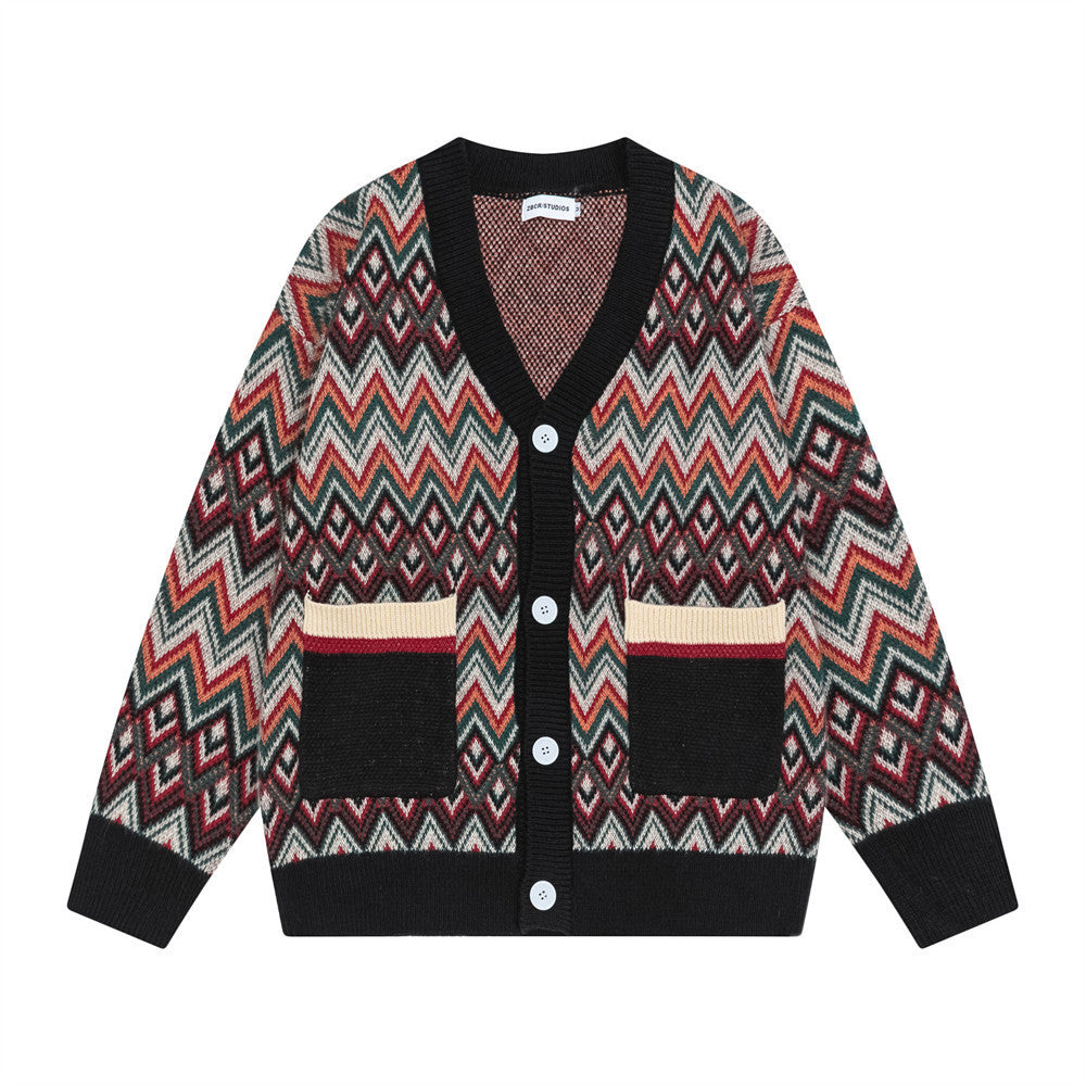 Men's Ethnic Wave Stripe V-Neck Knit Cardigan Casual Loose Fit Sweater