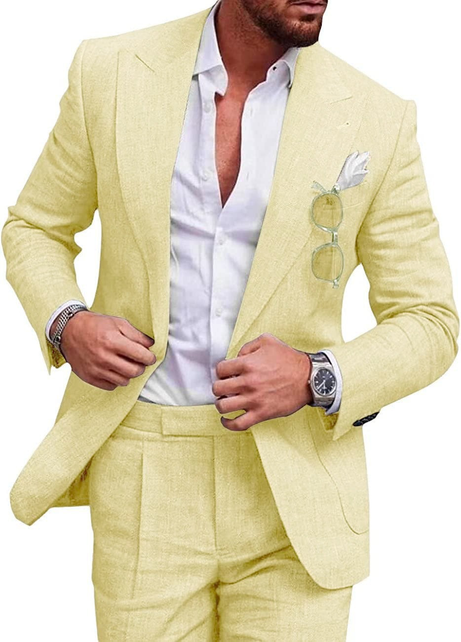 Men's Large Single Row One Button Solid Color Suit Two-piece Set - cas7m