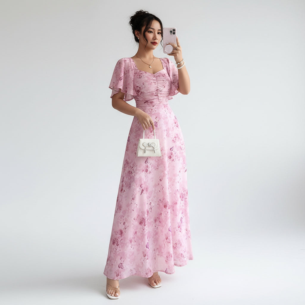 Flowers Printed Lotus Sleeve Dress Summer Elegant Slim Dresses Women's Clothing - cas7m