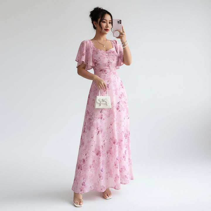 Flowers Printed Lotus Sleeve Dress Summer Elegant Slim Dresses Women's Clothing - cas7m