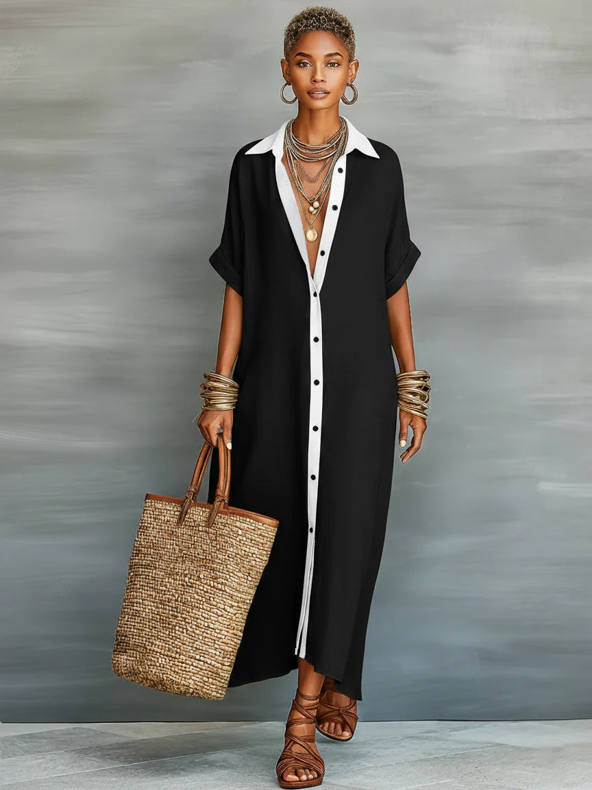 Color-blocked Loose  And Linen Long Dress Fashionable And Casual Dress - cas7m