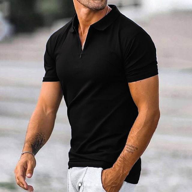 Short Sleeved Solid Color Zippered T Shirt - cas7m