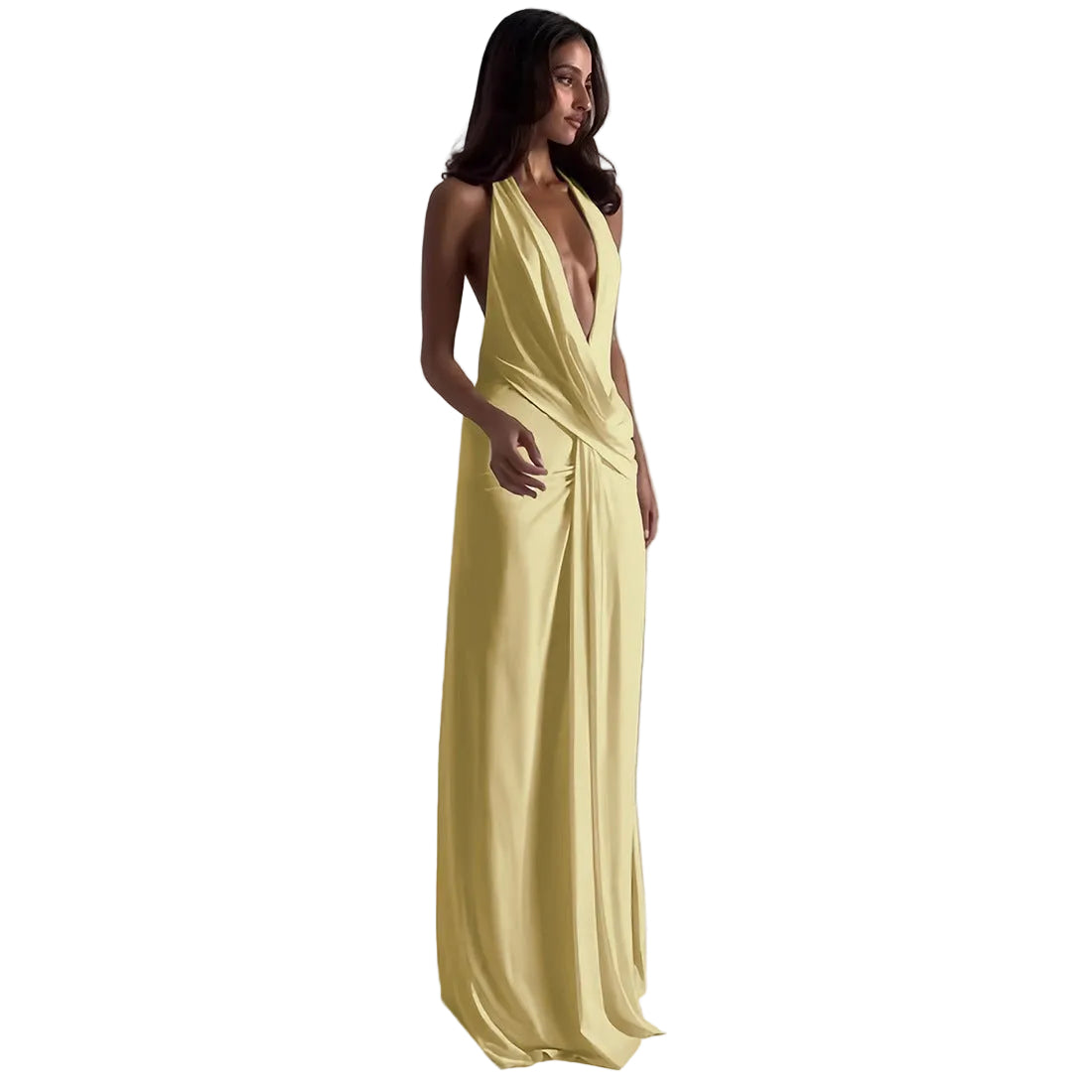 Woman wearing a yellow evening gown against a gray background