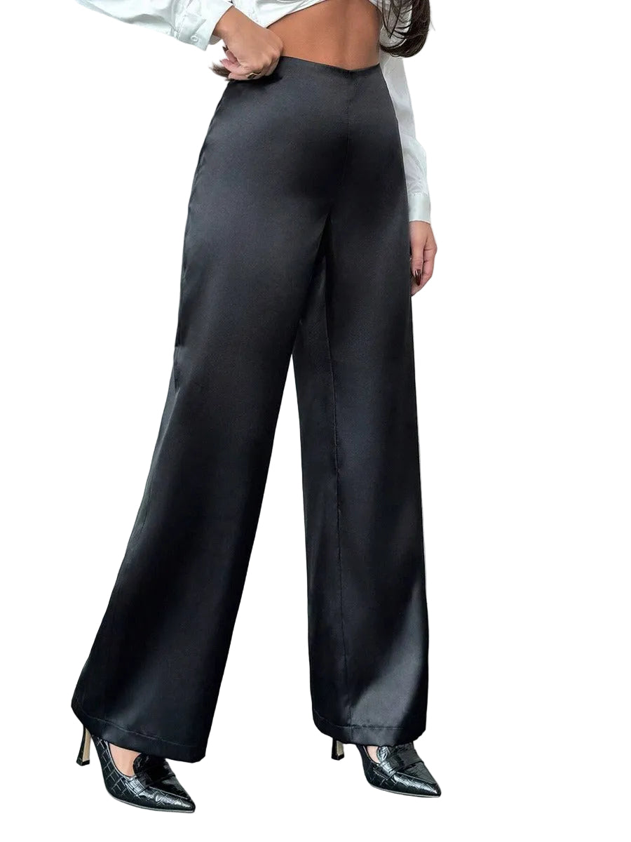 Women's Solid-Colored Casual Loose Satin Wide-Leg Pants - cas7m